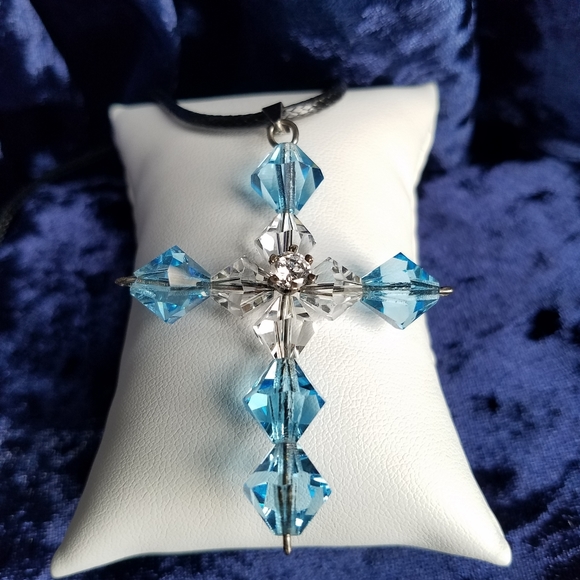Swarovski Elements Large Aquamarine Cross Pendant Necklace on Black Cotton Cord - Picture 1 of 10